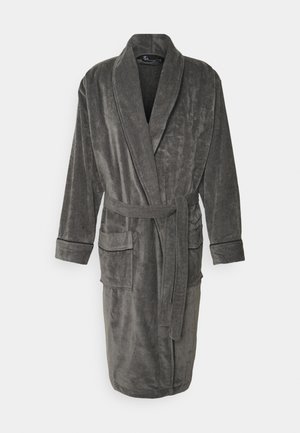 Grå, plysch badrock med långa ärmar, sjalkrage, knytning fram och två framfickor. Mjuk textur och design som sträcker sig till mitten av vadmen.