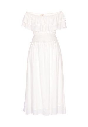 Hvid midi-kjole med bare skuldre, flæset halsudskæring og elastisk indsnævret talje, flagrende nederdel, letvægtsstof.