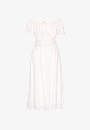 Weißes Midi-Kleid mit Carmenausschnitt, Rüschen am Ausschnitt und elastisch geschnürter Taille, fließender Rock, leichter Stoff.