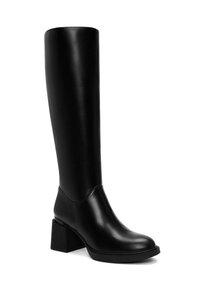 Botte noire hauteur genou en cuir lisse, dotée d'un talon bloc et d'un bout rond. Finitions minimales avec une brillance élégante.