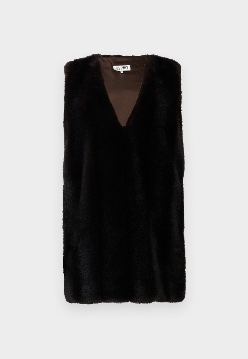 Sleeveless dark brown faux fur vest with V-neck and smooth inner lining, displayed hanging against a plain white background.
