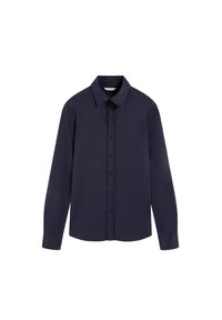 Navy blue long-sleeve shirt made of smooth fabric, featuring a classic collar, six-button front, and standard cuffs.