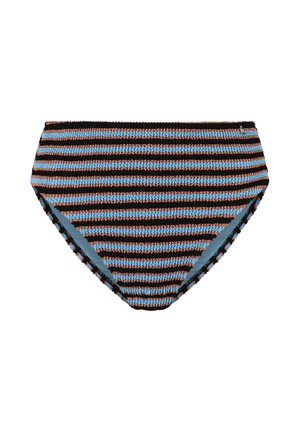 Figi bikini z wysokim stanem, z teksturowanymi poziomymi paskami w kolorze czarnym, jasnoniebieskim i brązowym na białym tle.