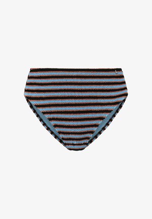Hoch taillierter Bikini-Slip mit strukturierten horizontalen Streifen in Schwarz, Hellblau und Braun auf weißem Hintergrund.