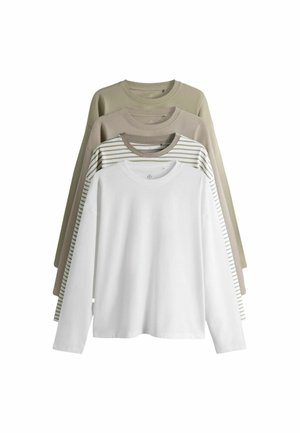 Four long-sleeve crew neck shirts stacked, colors from front to back: white, beige and white stripes, light brown, and olive green.