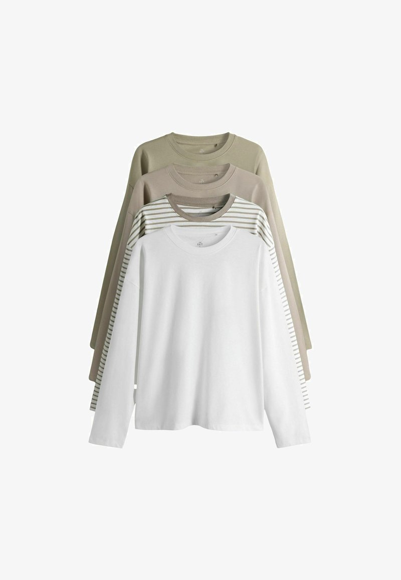 Four long-sleeve crew neck shirts stacked, colors from front to back: white, beige and white stripes, light brown, and olive green.