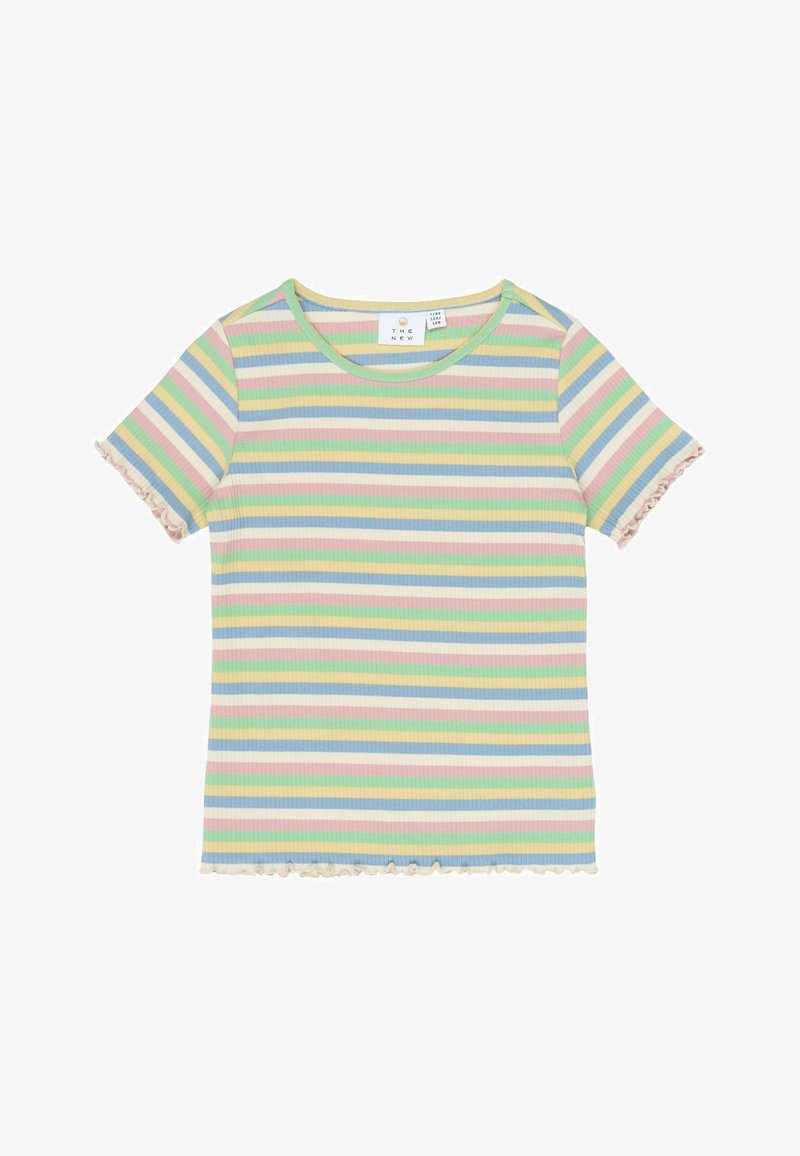 Tricou cu mâneci scurte, tip reiat, în culori pastelate, cu dungi orizontale în verde, roz și albastru, având tiv ondulat și decolteu rotund.