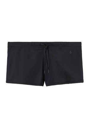 Schwarze Bade Shorts aus glattem Material, mit einem Kordelzugverschluss am Bund und einem kleinen Logo-Akzent an der Seite.