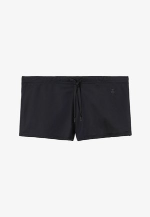 Sorte svømshorts lavet af glat materiale, med snorelukning i taljen og en lille logoaccent på siden.