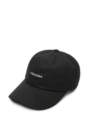 Schwarze Baseballmütze aus Baumwolle, mit gebogenem Schirm und gesticktem weißen "VOLCOM"-Logo auf der Vorderseite. Klassisches Sechsstück-Design.