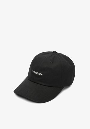 Black baseball cap made of cotton, featuring a curved visor and embroidered white "VOLCOM" logo on the front. Classic six-panel design.