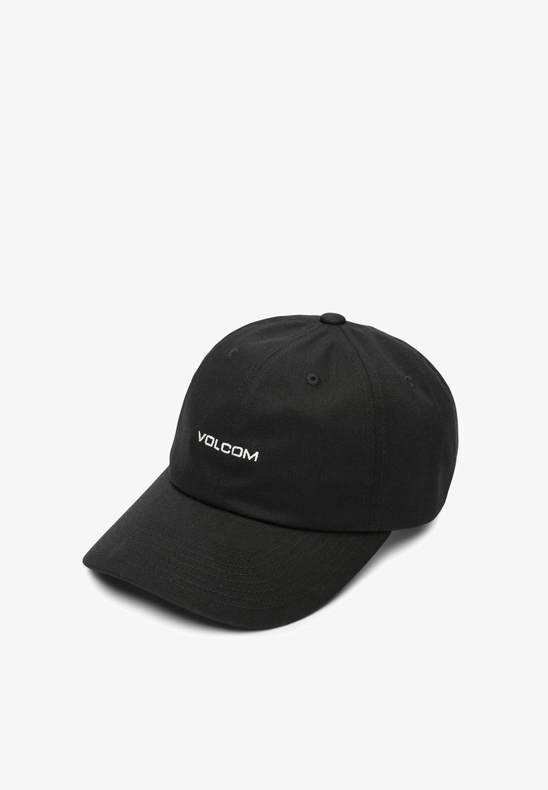 Musta baseball-lippis, joka on valmistettu puuvillasta, ja siinä on kaareva lippa sekä brodeerattu valkoinen "VOLCOM" -logo etuosassa. Klassinen kuusipaneelinen muotoilu.
