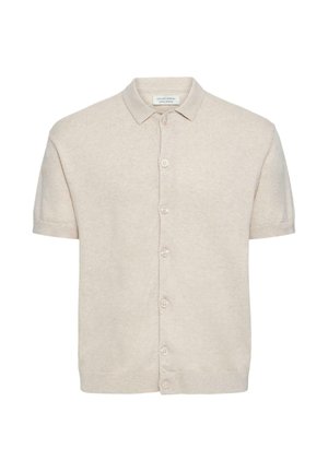 Beige Kurzarm-Strickjacke aus strukturiertem Strickstoff; mit Knopfleiste vorne und klassischem Kragen.