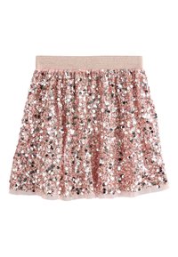 Pink sequin skirt featuring a gathered design, elastic waistband, and layered texture with a shiny, reflective surface.