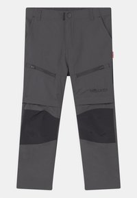 Grijze outdoorbroek met een gestroomlijnd ontwerp, voorzien van zwarte kniekussens, twee ritszakken aan de zijkant en een logo op het linkerbeen.