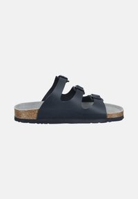 Black slide sandal with three adjustable straps, cork footbed, and flat black rubber sole, shown from the outer side on a white background.