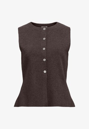 Top sans manches marron en tissu texturé, avec un col rond et cinq boutons décoratifs sur le devant.