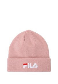 Beanie rosa lavorato a maglia con risvolto. Presenta un logo bianco ricamato sulla parte anteriore, con un piccolo accento rosso. Tessuto morbido.