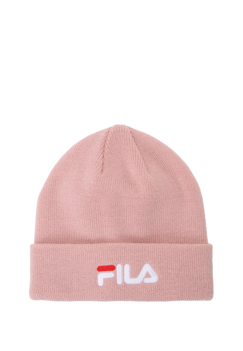Beanie rosa lavorato a maglia con risvolto. Presenta un logo bianco ricamato sulla parte anteriore, con un piccolo accento rosso. Tessuto morbido.