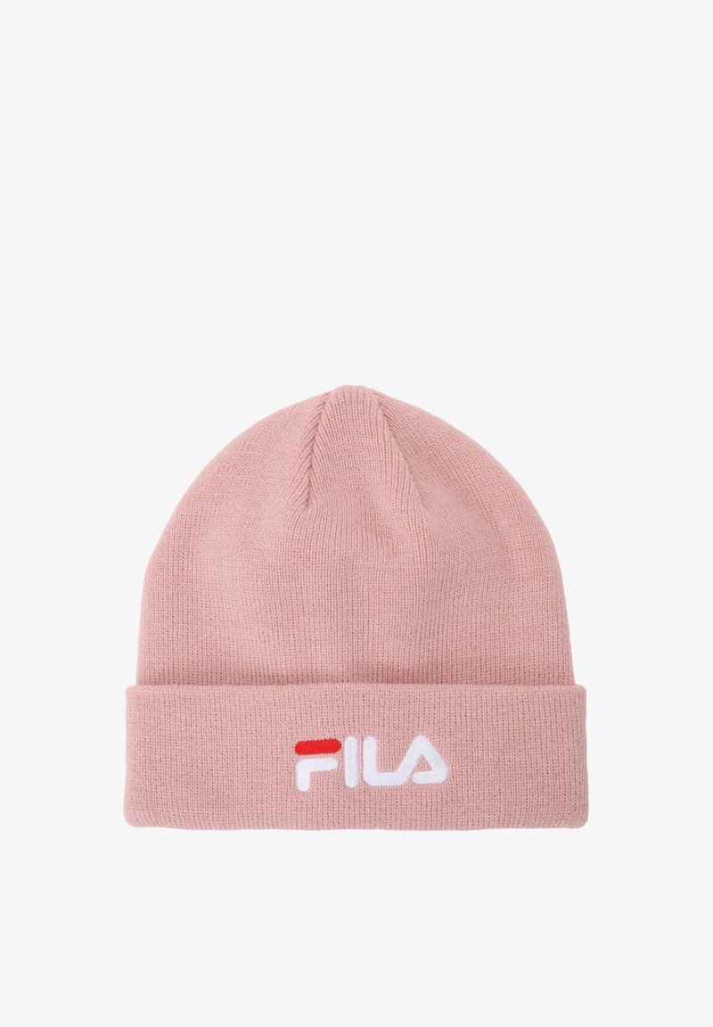 Beanie rosa lavorato a maglia con risvolto. Presenta un logo bianco ricamato sulla parte anteriore, con un piccolo accento rosso. Tessuto morbido.