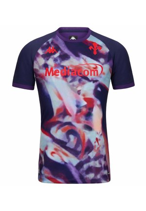 Maillot de sport violet à manches courtes avec un motif abstrait rouge, blanc et bleu, avec le logo du sponsor Mediacom et les emblèmes de Kappa et de l'équipe.