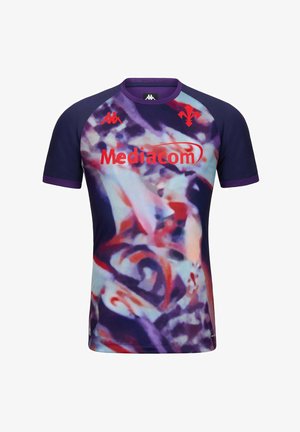 Maglia sportiva viola a maniche corte con motivo astratto rosso, bianco e blu, con il logo dello sponsor Mediacom e gli stemmi di Kappa e della squadra.