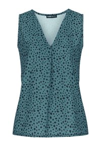 Mouwloze top van teal stof met een v-hals, voorzien van een zwart gevlekt patroon over de hele stof, met een relaxte pasvorm en een gladde textuur.