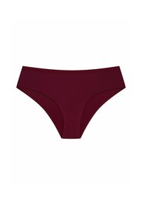 Burgundowe biustonosze w formie bikini bezszwowe z niskim stanem. Wykonane z miękkiej tkaniny, z gładką strukturą i elastycznym pasem.
