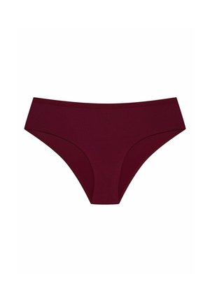 Burgundowe biustonosze w formie bikini bezszwowe z niskim stanem. Wykonane z miękkiej tkaniny, z gładką strukturą i elastycznym pasem.