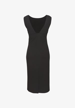 Abito nero senza maniche con scollatura a V profonda, silhouette attillata, lunghezza al ginocchio e uno spacco laterale per facilitare il movimento. Finitura in tessuto liscio.