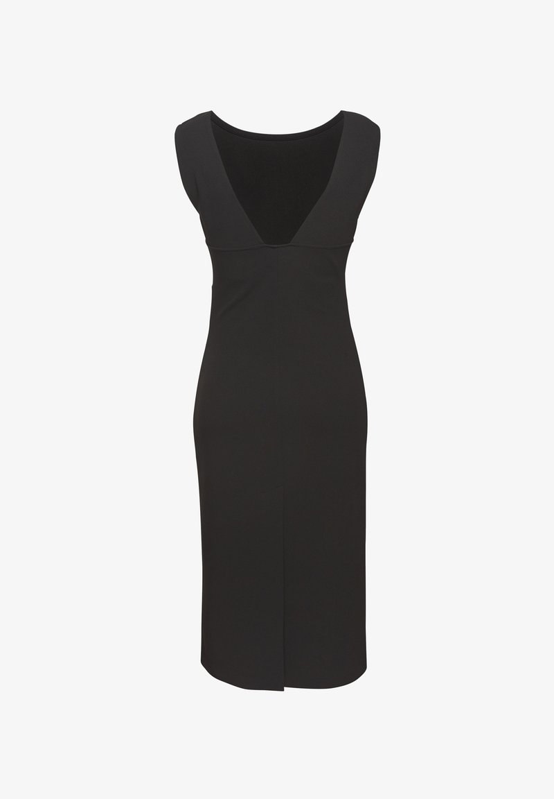 Schwarzes ärmelloses Kleid mit tiefem V-Ausschnitt, figurbetontem Schnitt, knielang und mit einem seitlichen Schlitz für Bewegungsfreiheit. Glatter Stofffinish.