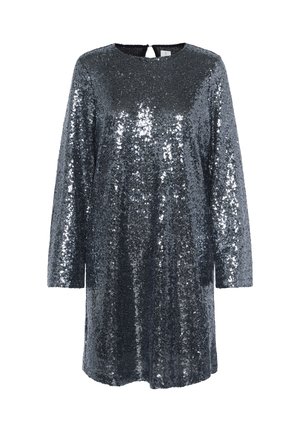 Vestido de manga corta en lentejuelas gris oscuro, con un escote redondeado y una abertura en forma de llave en la parte posterior. Textura suave con superficie reflectante.