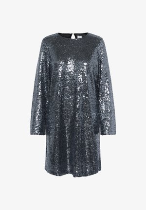 Vestido de manga corta en lentejuelas gris oscuro, con un escote redondeado y una abertura en forma de llave en la parte posterior. Textura suave con superficie reflectante.