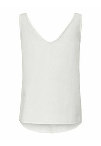 Valkoinen hihaton toppi syvällä V-kaula-aukolla, valmistettu kevyestä kankaasta, jossa on kaareva helma ja vähäisiä ompeluyksityiskohtia.