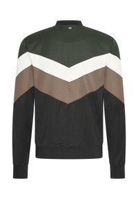 Giacca da uomo con design a chevron in pannelli verde scuro, bianco, marrone e nero; realizzata in un tessuto liscio e leggero.