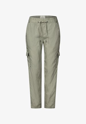 Lekkie, oliwkowe spodnie cargo z lnu z elastycznym paskiem w talii, sznurkiem do regulacji oraz bocznymi kieszeniami na przechowywanie.