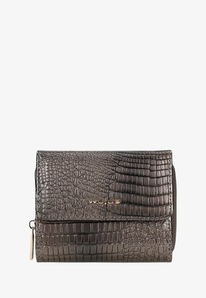 Rectangular gray wallet with a textured crocodile pattern, featuring a fold-over flap and gold-tone hardware with the brand name “wojas.”