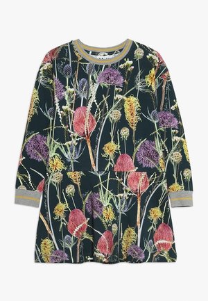 Sukienka z długim rękawem, z kolorowym nadrukiem dzikich kwiatów i ostu na ciemnym tle, z prążkowanym szarym i żółtym kołnierzem oraz mankietami.