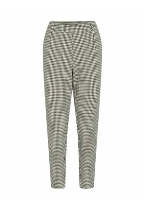Schwarz-weiße karierte Hosen mit einem elastischen Bund, schmal zulaufenden Beinen und einer glatten Stoffoberfläche. Keine sichtbaren Taschen.