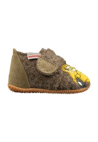 Brauner Filzschuh mit gelber Auto-Stickerei, Klettverschluss, Gummisohle, runder Form und weicher Textur.