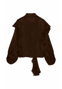 Blusa marrone a maniche lunghe con dettagli arricciati lungo le maniche e sul retro, caratterizzata da una vestibilità ampia e un laccio nella parte bassa della schiena.