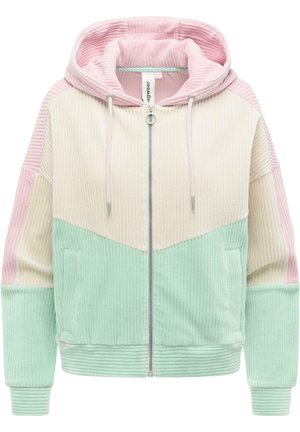 Gewatteerde jas met rits en capuchon in een geribbelde structuur, uitgevoerd in pastelroze, crème en muntgroene kleurvlakken, voorzien van steekzakken en een capuchon met trekkoord.