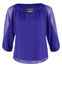 Paarse blouse met doorschijnende driekwartmouwen, ronde halslijn met geplooide details en een losse zoom.