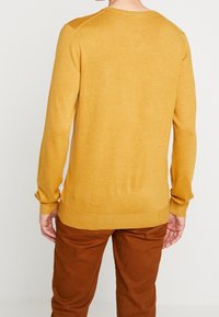 Senapsgul tröja i lättstickad kvalitet, med långa ärmar och rundad nacke. Ribbad fåll och muddar med en slät textur.