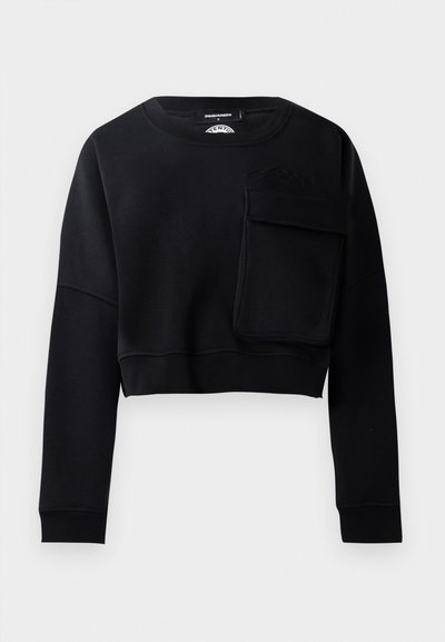 Black cropped sweatshirt with long sleeves, textured fabric, and a large decorative pocket on the front. Features a round neck and ribbed cuffs.