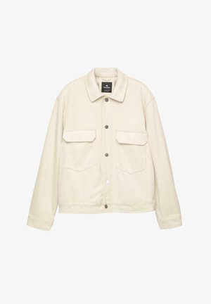 Svetlý, mäkký textilný kabát s golierom, zatváraním na patentky, dvoma náprsními vreckami a dlhými rukávmi. Jednoduchý, hranatý dizajn.