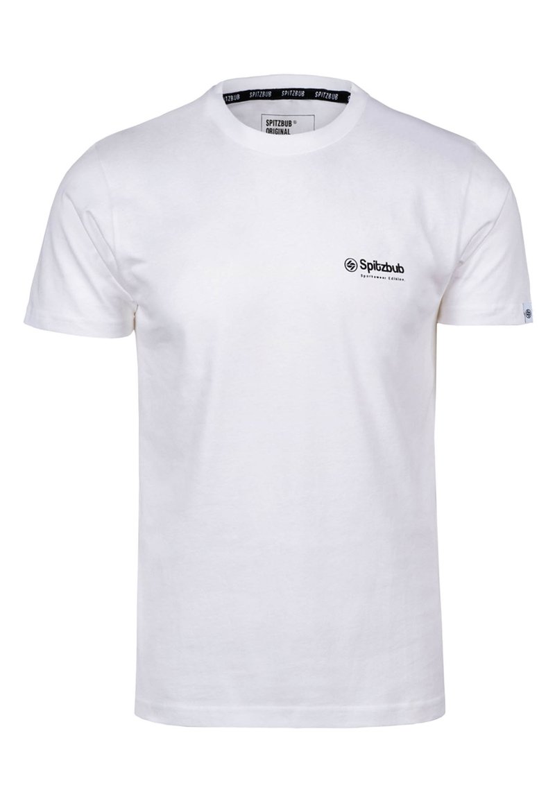 T-shirt bianco in cotone con colletto rotondo. Presenta un logo nero sul lato sinistro del petto e un logo tono su tono sulla manica. Maniche corte, vestibilità standard.