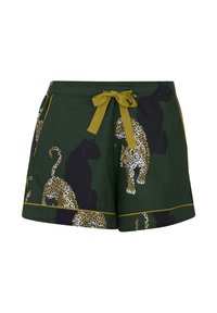 Donkergroene shorts met gele trekkoord, featuring geprinte patronen van luipaarden en zwarte panters, en gele pipingdetails.