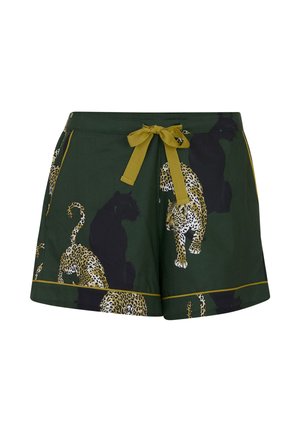Donkergroene shorts met gele trekkoord, featuring geprinte patronen van luipaarden en zwarte panters, en gele pipingdetails.