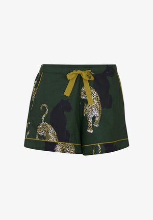 Donkergroene shorts met gele trekkoord, featuring geprinte patronen van luipaarden en zwarte panters, en gele pipingdetails.